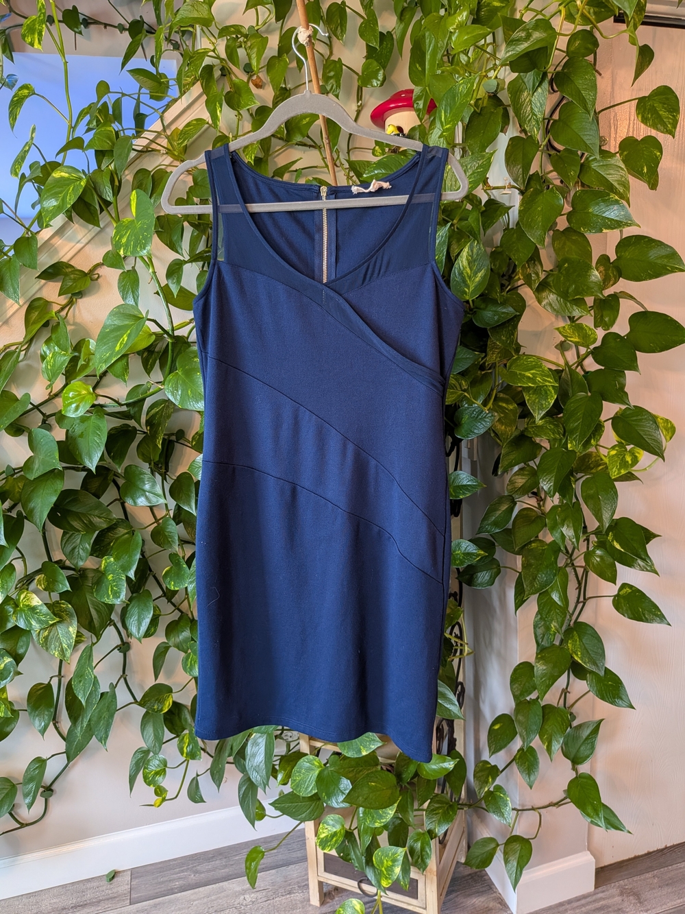 Sleeveless Navy Mini Dress with Diagonal Paneled Detail